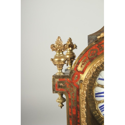 1146 - A GOOD 19TH CENTURY FRENCH BOULLE BRACKET CLOCK, the face with blue and white Roman numerals, brass ... 