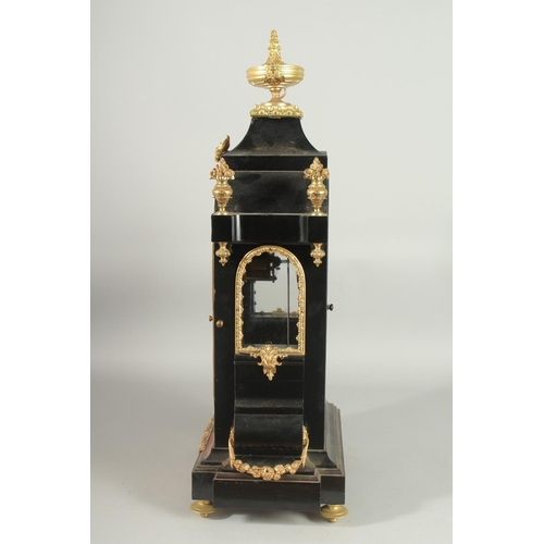 1146 - A GOOD 19TH CENTURY FRENCH BOULLE BRACKET CLOCK, the face with blue and white Roman numerals, brass ... 