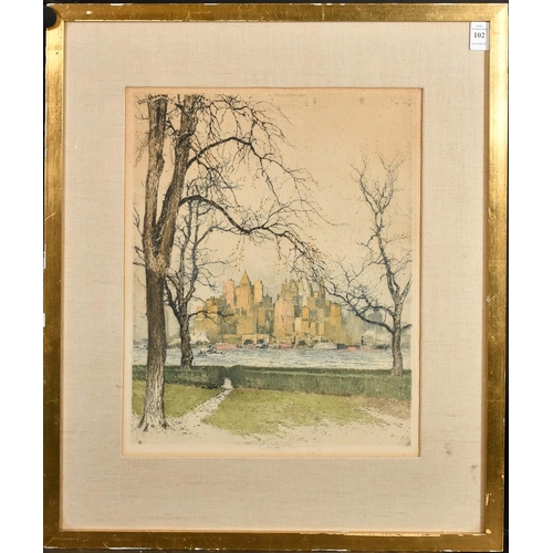 102 - Luigi Kasimir (1881-1962) New York from Governor Island, colour etching, signed in pencil, 15.5