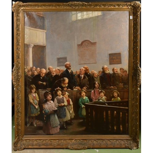 11 - Continental School, circa 1900, figures singing in a church with children in the foreground, oil on ... 