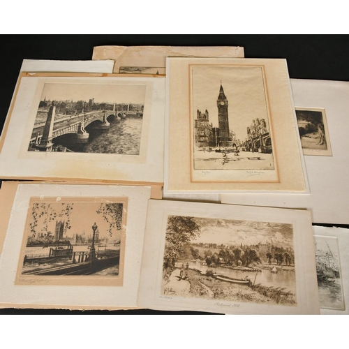 112 - A folio of London views, Tower Bridge, Richmond Hill, big Ben etc, etchings, mostly inscribed and si... 