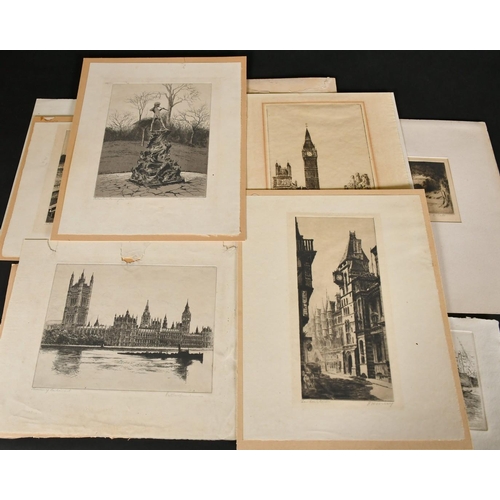 112 - A folio of London views, Tower Bridge, Richmond Hill, big Ben etc, etchings, mostly inscribed and si... 