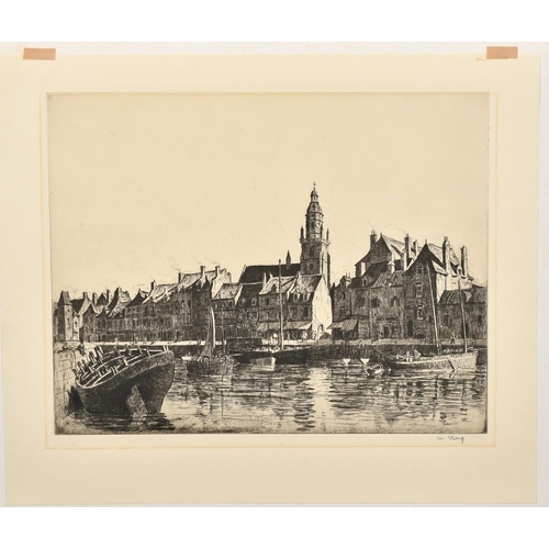 116 - Ian Strang, Port View of a port in France, etching,  signed and inscription verso in pencil, 10.75