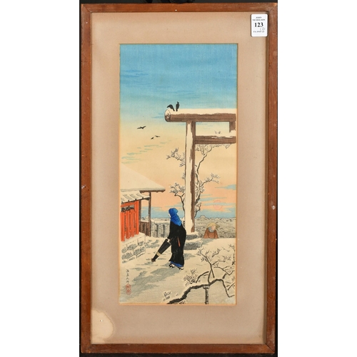 123 - Takashi Hiroaki, a Japanese woodblock, figure on a snowy mountain path and another by the same hand,... 