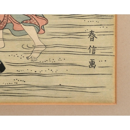 124 - Haranobu, A Japanese colour woodblock, Three ladies paddling in a river, with script, 10.75