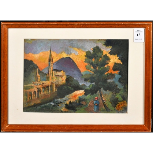 13 - J. Larrochs, Circa 1905, female figure by a river with a cathedral beyond, oil on board, signed, 6.7... 