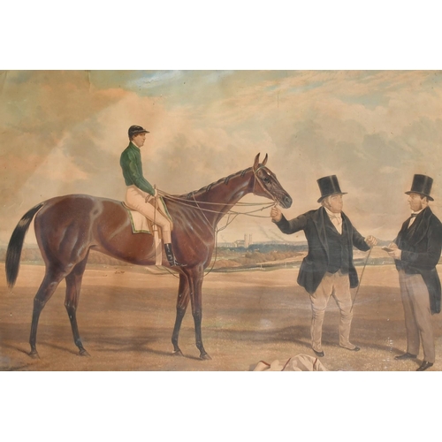 135 - A 19th Century hand coloured aquatint of a race horse with jockey up and a gentlemen holding the rai... 