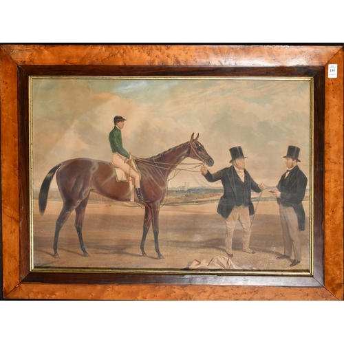 135 - A 19th Century hand coloured aquatint of a race horse with jockey up and a gentlemen holding the rai... 