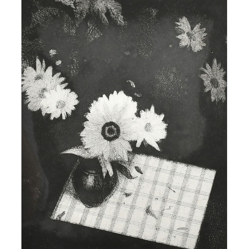 137 - Jeff Clarke (b.1934) A bowl of flowers on a checkered table top, etching and aquatint, signed in pen... 