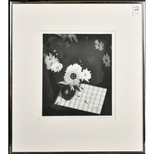 137 - Jeff Clarke (b.1934) A bowl of flowers on a checkered table top, etching and aquatint, signed in pen... 