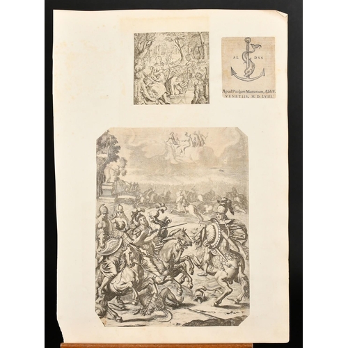 143 - A collection of Old Master etchings and engravings stuck down to an album page and an engraving show... 