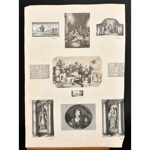 143 - A collection of Old Master etchings and engravings stuck down to an album page and an engraving show... 