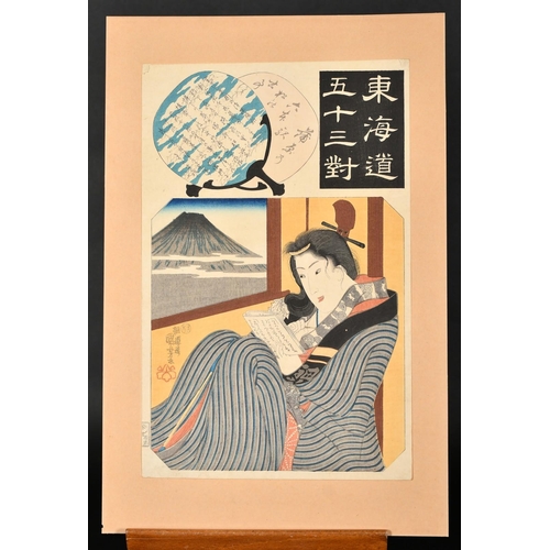 147 - Utagawa Kuniyoshi, A lady reading, 19th Century colour woodblock, with script, 14.5