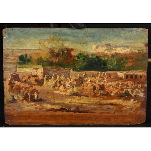 15 - Early 20th Century, Figures and camels in an encampment, oil on panel, 5.25