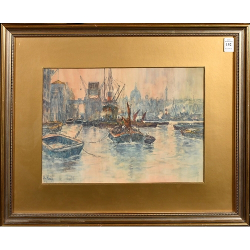 152 - Harry Woods (1846-1921), Thames barges in the pool of London, watercolour, signed, 10