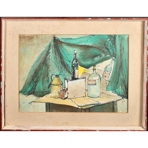 154 - A mid-Century still life of mixed objects, watercolour, indistinctly signed, 10.25