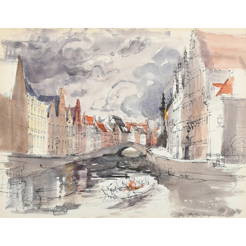 162 - Phyllis Ginger(1907-2005), a view of Bruges canal scene, watercolour, signed and dated 1970, 10.5