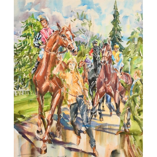 165 - Jack Lawrence Miller (20th Century), race horses in procession, watercolour, signed, 19.5