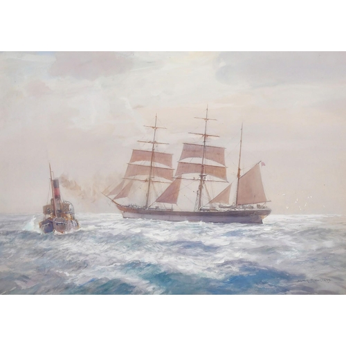 166 - Arthur Burgess (1879-1957), a three-masted sailboat and a tug, watercolour, signed, 13.5