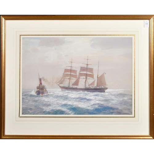 166 - Arthur Burgess (1879-1957), a three-masted sailboat and a tug, watercolour, signed, 13.5