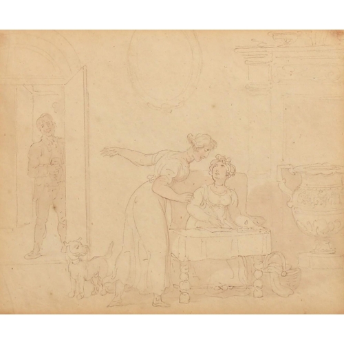 168 - Thomas Rowlandson (1756-1827) British, 'A Visitor', figures and a dog in an interior, pen and ink wi... 