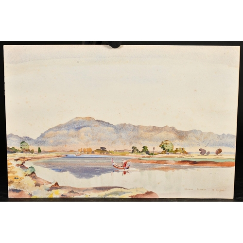 170 - Norman Ellison (20th Century) two boats on a river with mountains beyond, watercolour, signed and da... 