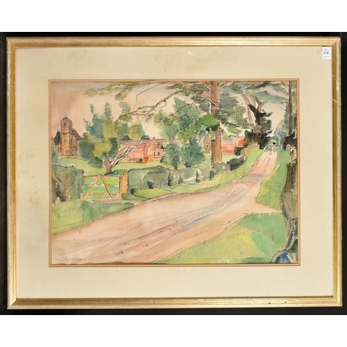 174 - Maud Eyston Sumner, A lane with a figure leading to houses and a church, watercolour and pen, signed... 