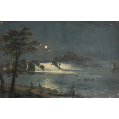 176 - 19th Century, An extensive river scene at night with fishermen on shore and in a boat and dwellings ... 