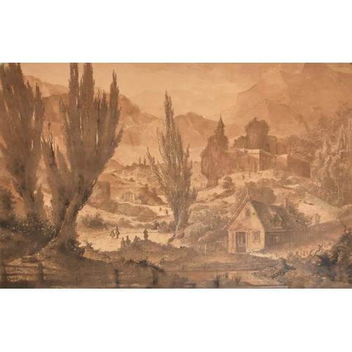 177 - J. Me (19th Century) A sepia drawing of an extensive landscape with figures, houses and ruins throug... 