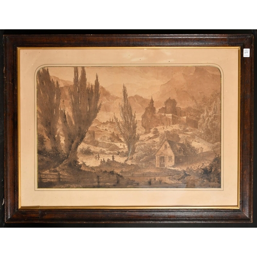 177 - J. Me (19th Century) A sepia drawing of an extensive landscape with figures, houses and ruins throug... 