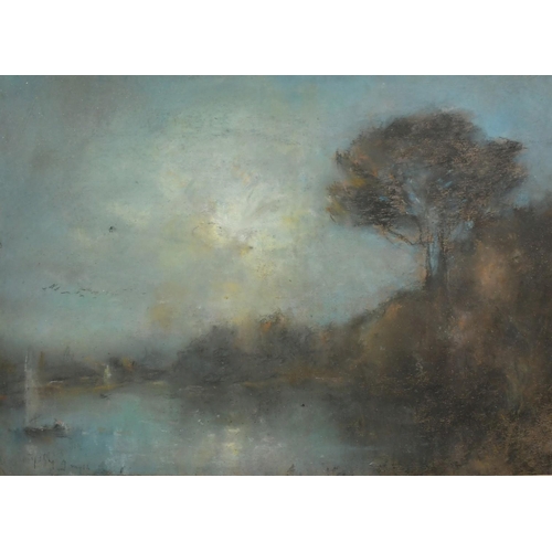 178 - Montague Smythe (1863-1965) A landscape with trees near a river and the setting sun, mixed media, si... 