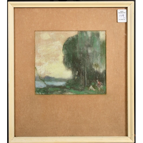 178 - Montague Smythe (1863-1965) A landscape with trees near a river and the setting sun, mixed media, si... 