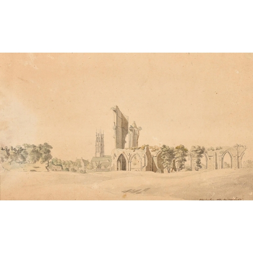 184 - Early 19th Century, A sketch of Glastonbury Abbey, pencil and watercolour, inscribed twice, 8.5