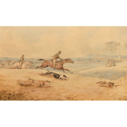 190 - 19th Century School, a set of four scenes of hare coursing, watercolour, each 4.5