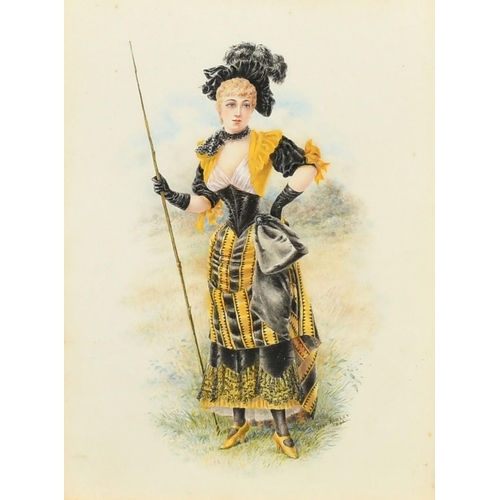 191 - H. C. Rowley, Circa 1892, an elegant lady in elaborate costume holding a staff, watercolour, signed ... 