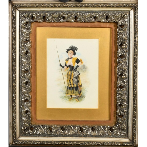 191 - H. C. Rowley, Circa 1892, an elegant lady in elaborate costume holding a staff, watercolour, signed ... 