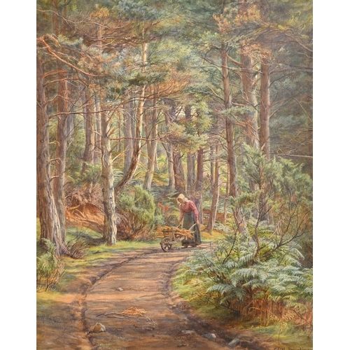 194 - Edith Martineau (1842-1909), a female figure with a wheelbarrow on a woodland track, watercolour, si... 