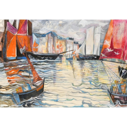 2 - Meredieu (20th Century) French School, colourful sailboats in a town harbour, 32