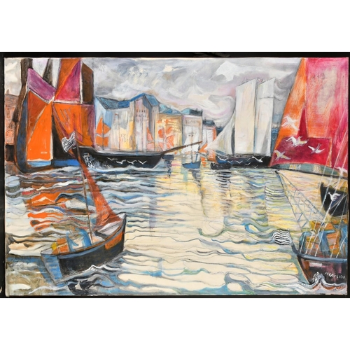 2 - Meredieu (20th Century) French School, colourful sailboats in a town harbour, 32