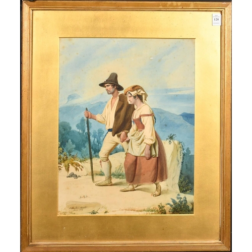 207 - Bernadino Ricciardi (1814-1854) Italian, figures crossing a mountainous landscape, watercolour, sign... 