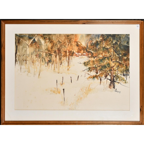 209 - Pat Foster (20th Century) American, buildings in a snowy winter landscape, watercolour, signed, 19