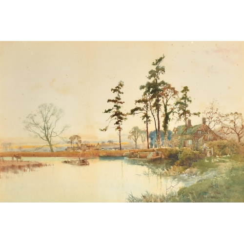 219 - W. Matthison (1853-1926) British, A river landscape scene with barges, figures outside a cottage fee... 