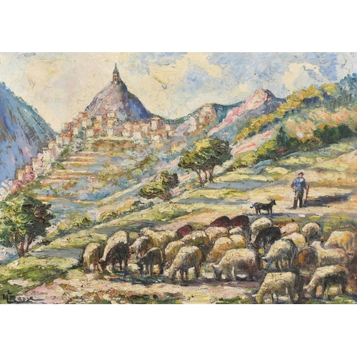 22 - Early 20th Century French School, a shepherd and flock with a hill top village beyond, oil on canvas... 