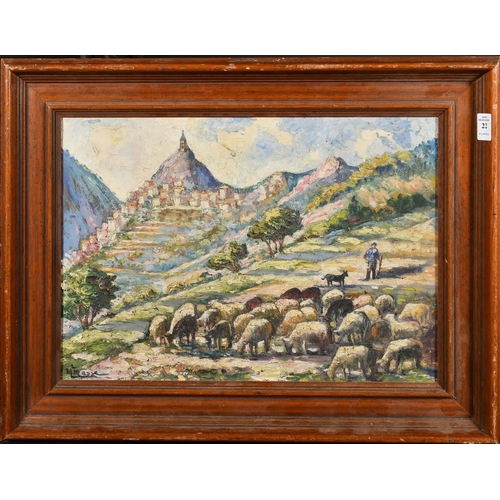 22 - Early 20th Century French School, a shepherd and flock with a hill top village beyond, oil on canvas... 