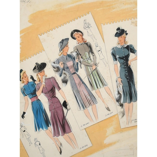 222 - Attributed to Greta Tomlinson (1927-2021), Circa 1950, a sketch of fashion designs, female figures i... 