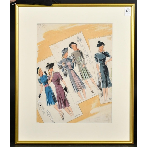 222 - Attributed to Greta Tomlinson (1927-2021), Circa 1950, a sketch of fashion designs, female figures i... 