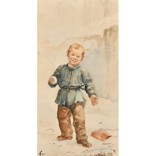 224 - Jean Jules Henry Geoffroy (1853-1924) French, a young boy holding a snowball, watercolour, signed, 9... 