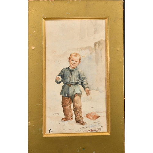 224 - Jean Jules Henry Geoffroy (1853-1924) French, a young boy holding a snowball, watercolour, signed, 9... 