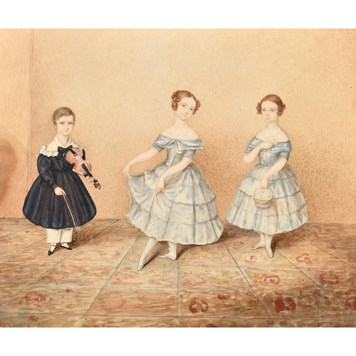 227 - Early 19th Century English school, a group portrait of three children, watercolour, 10