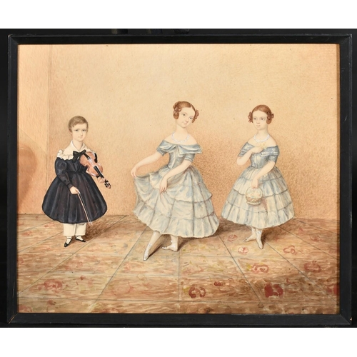 227 - Early 19th Century English school, a group portrait of three children, watercolour, 10